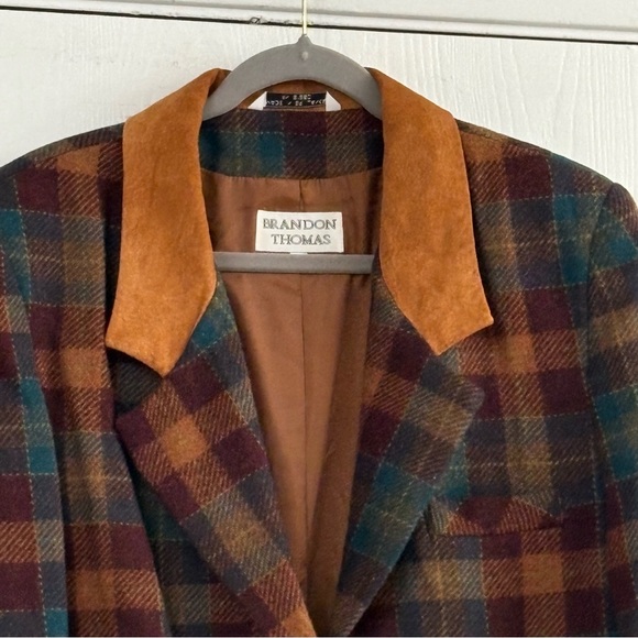 Vintage Brandon Thomas Plaid Wool Multicolor Jacket Tan Leather Collar Size L - Picture 6 of 9